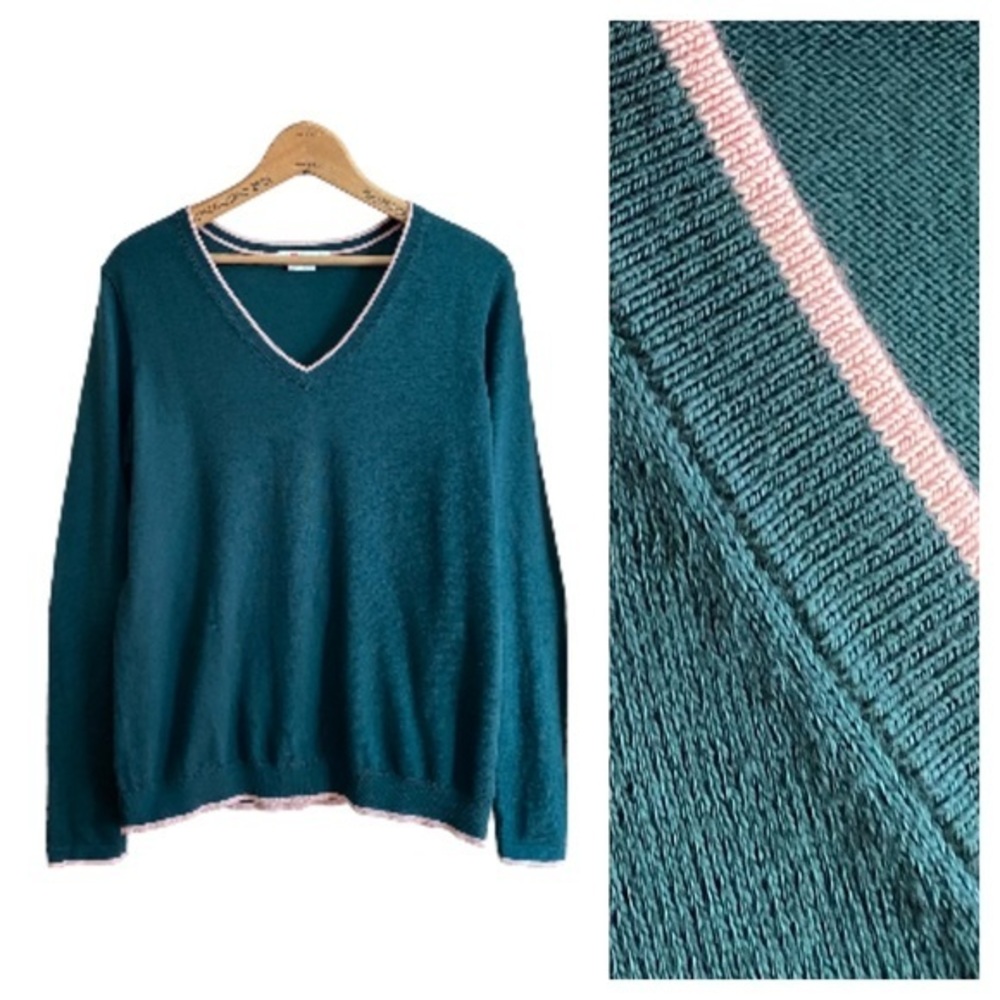 Boden Teal V-Neck Sweater with Pink Trim